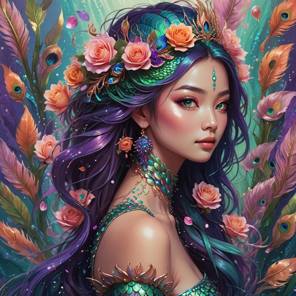 Asian Mermaid with Rose Gold Skin and Peacock Feathers