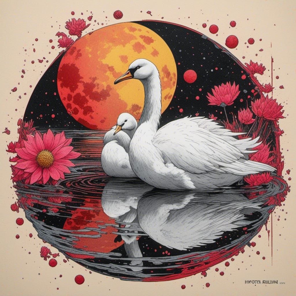 Una ilustración de dos cisnes blancos, con sus pollos de cis...