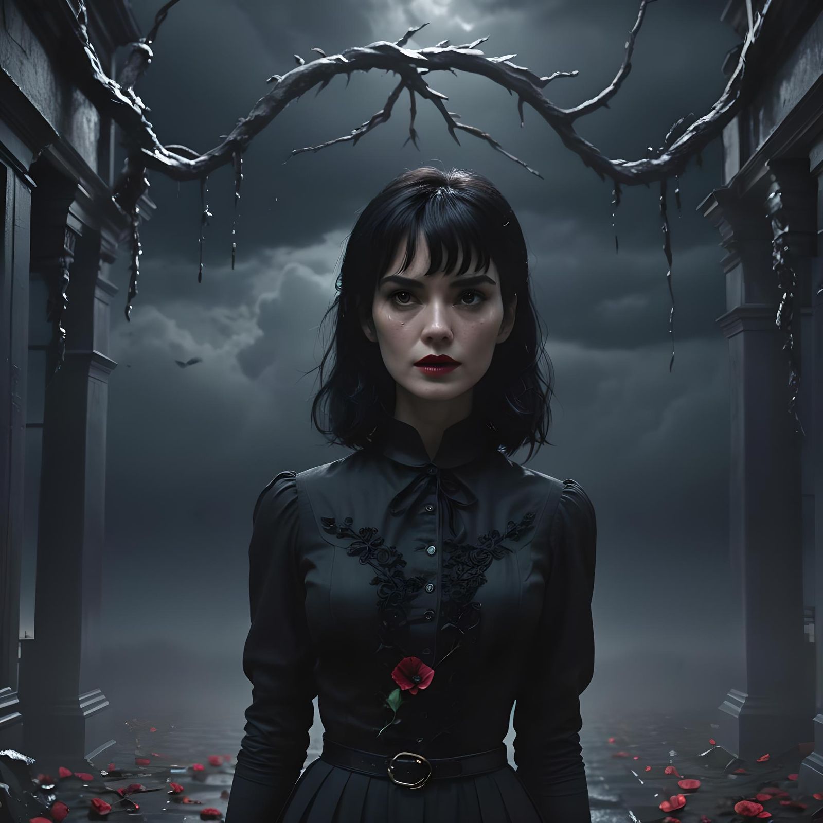 Eerie Witch Portrait with Red Petals