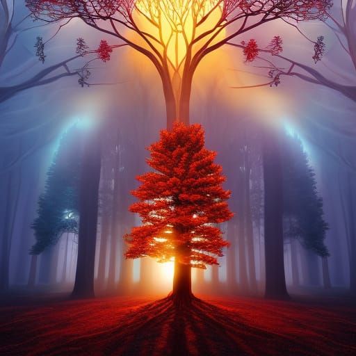 Four Seasons Tree: Geometric Fauvism Digital Art