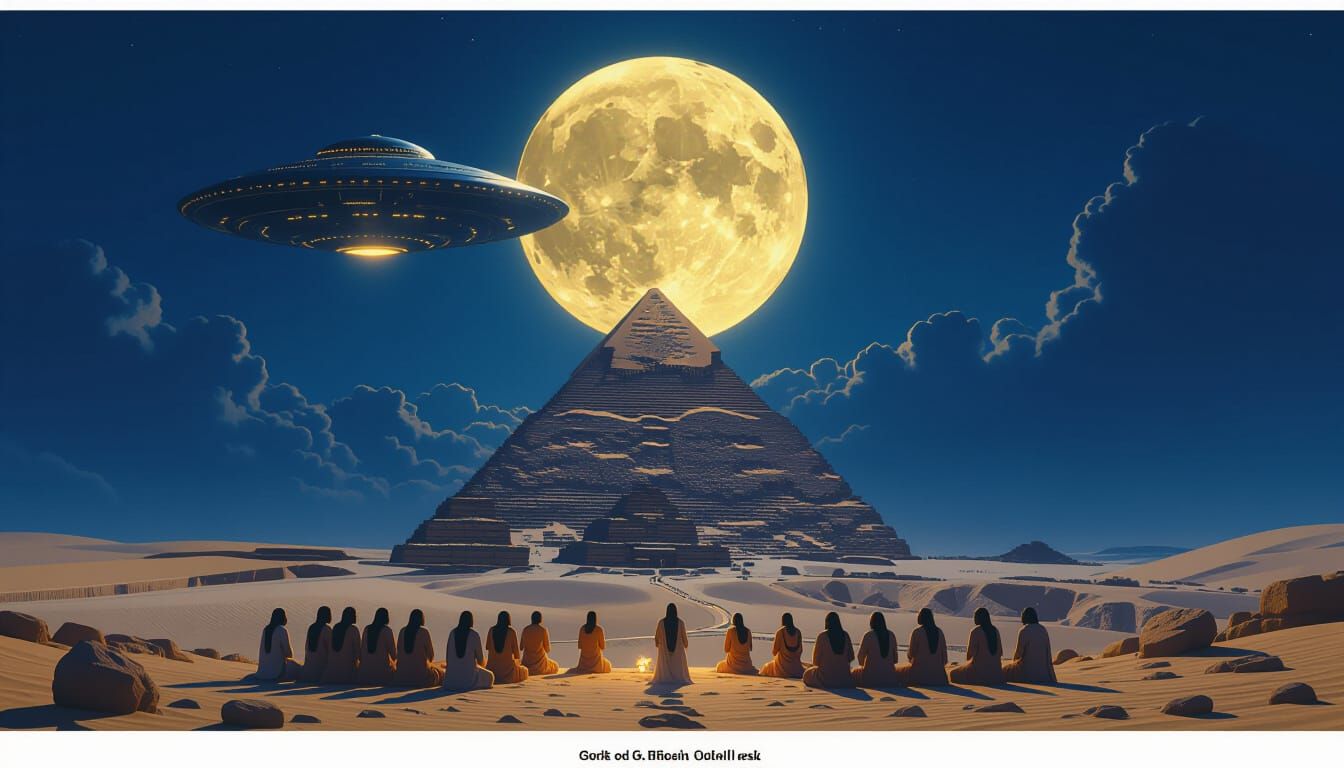 Great Pyramid at Night with Moon and UFO