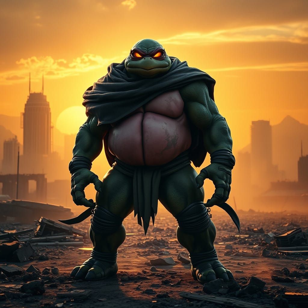 Heroic Turtle-Buu Hybrid Stands in Ruins of Post-Apocalyptic...