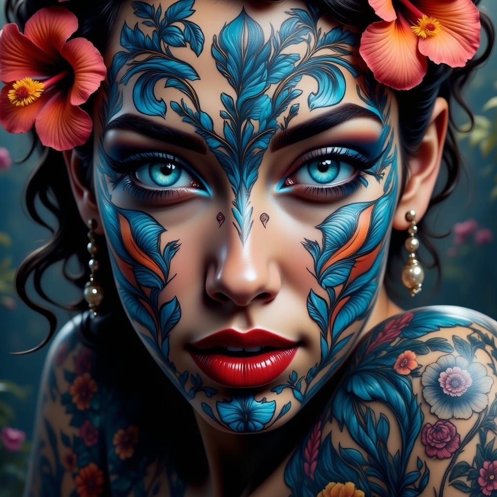 Charismatic Woman with Maori Tattoos and Flowers