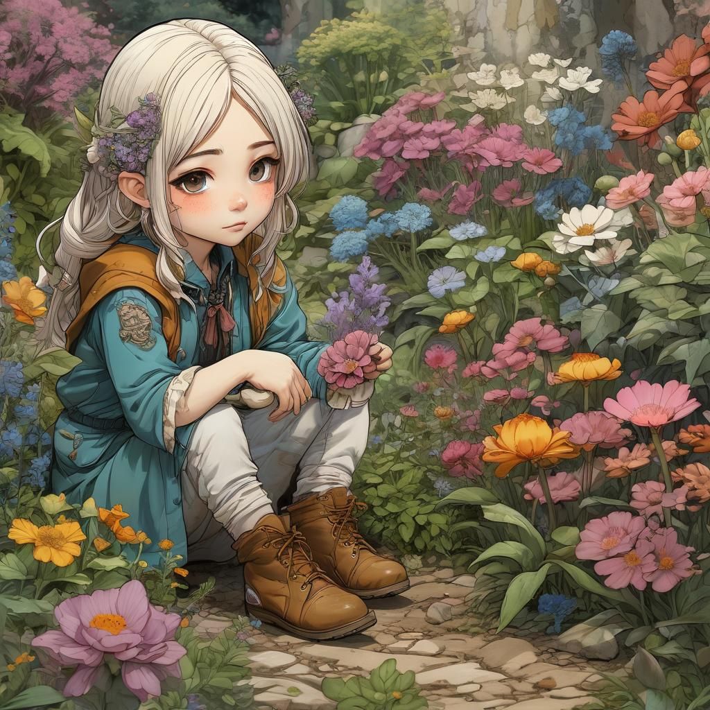 Botanical Gnome Girl in Precisionist Manga Style