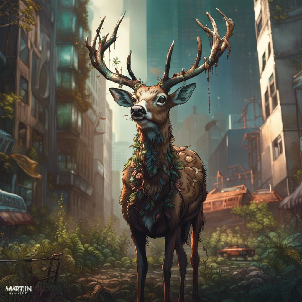 Deer in Overgrown Post-Apocalyptic City