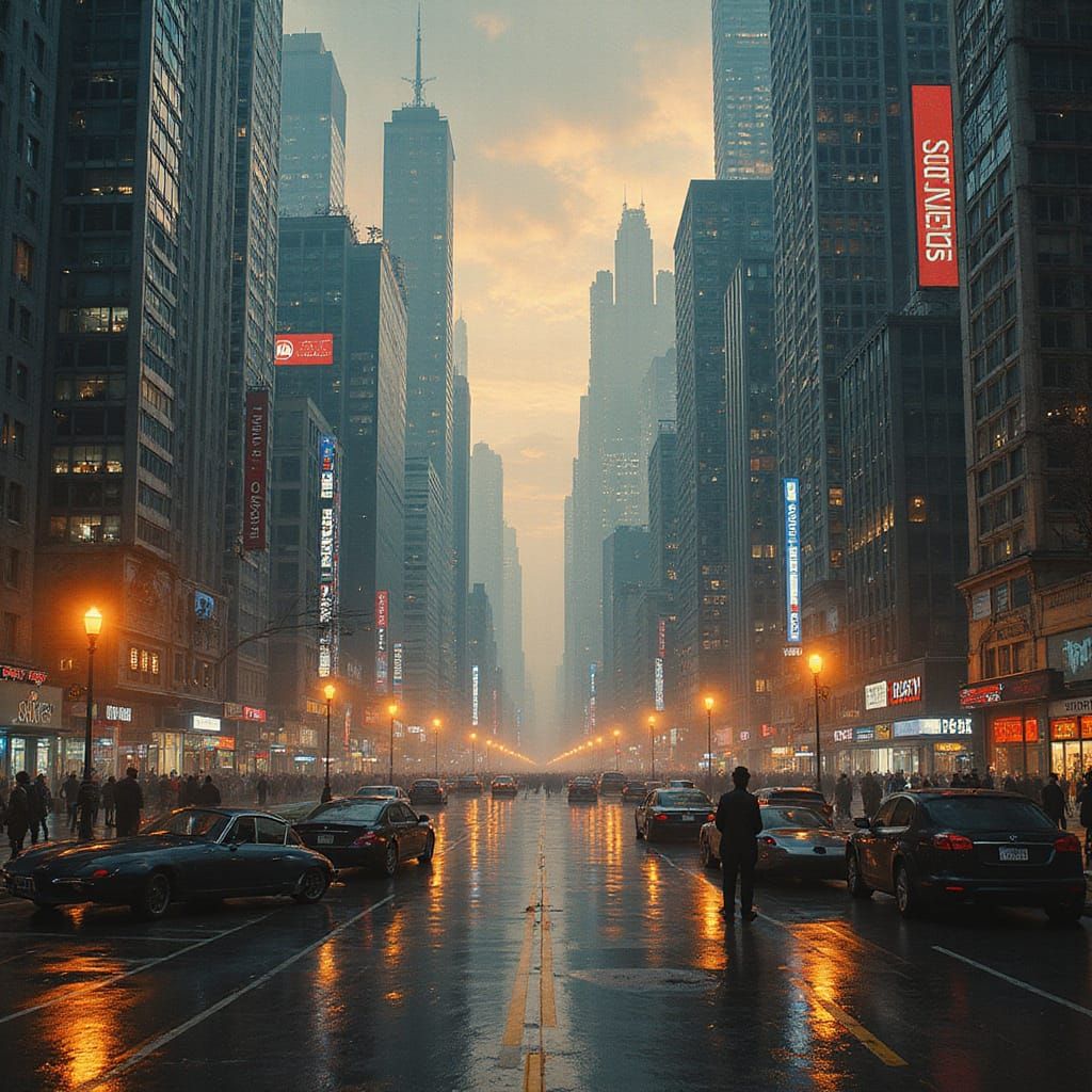 Vibrant Cityscape in Distorted Perspective