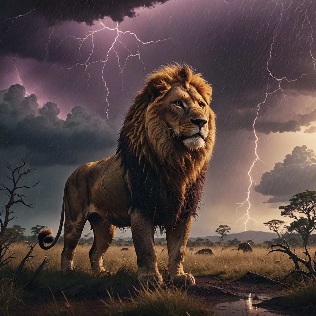 Lion in Stormy Savannah: Cinematic Digital Painting