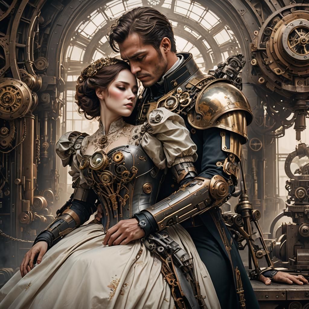 Steampunk Cyborg Comforts Woman in Empire Gown