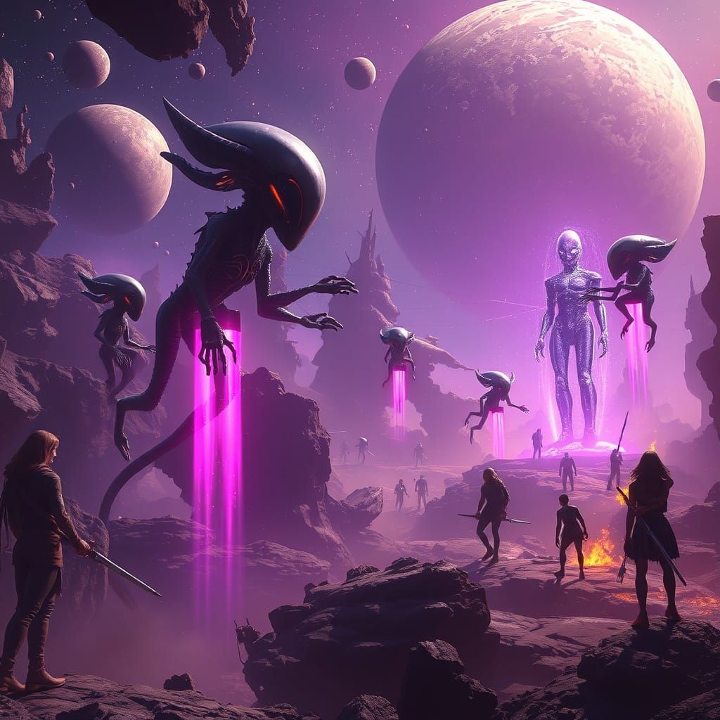 Dark Fantasy Battle Scene with Teleporting Aliens and Humans...