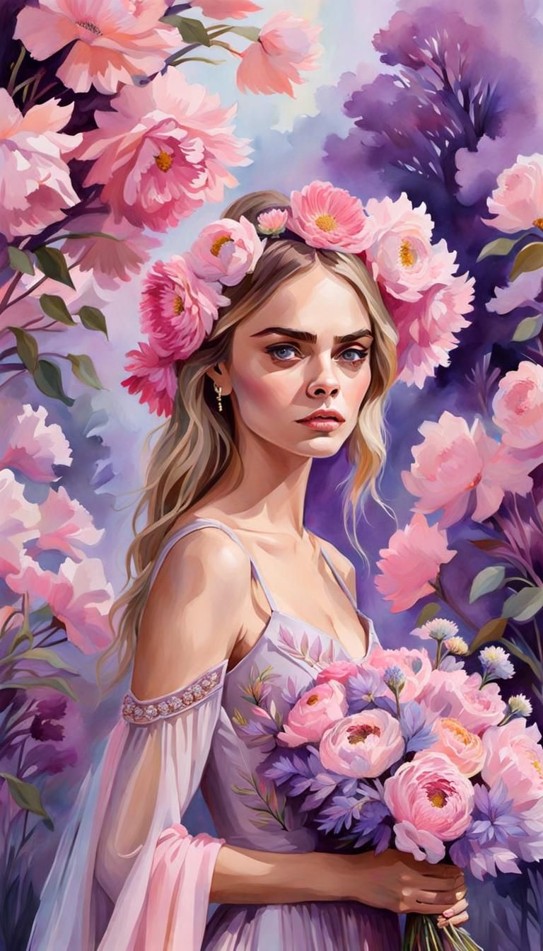 Gorgeous and cute young Cara Delevingne , blonde hair, holding a bouquet of flowers, misty glowing pink and purple garde...