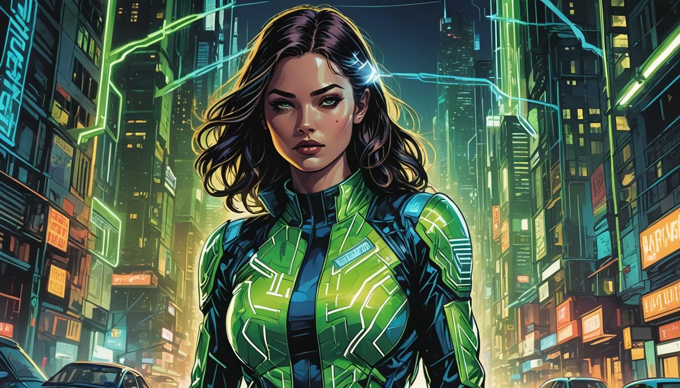 Retro-Futuristic Comic Book Art with Neon Accents