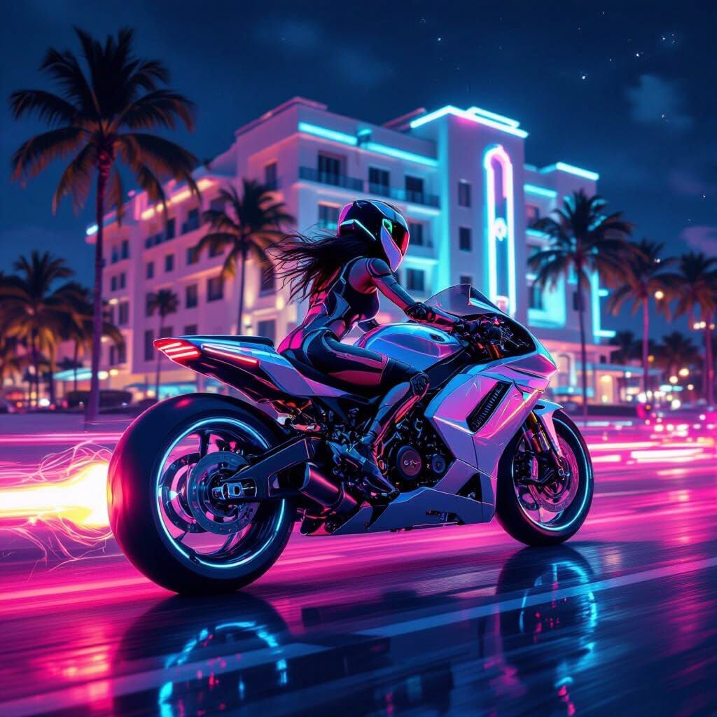 Cyberpunk Woman on Light Cycle in Neon Miami