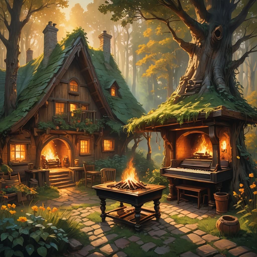 Hobbit Gathering in Cozy Cabin, Impressionist Style