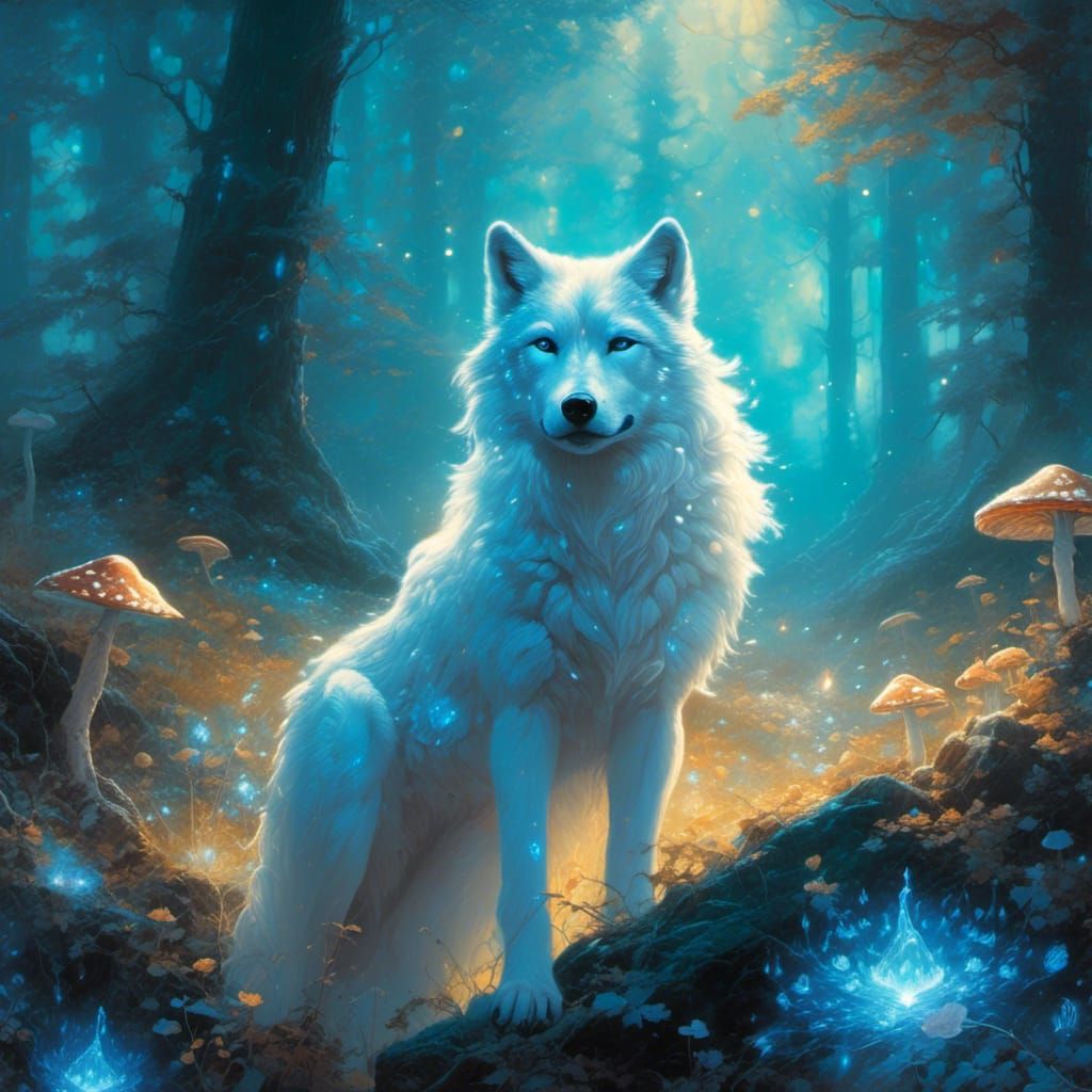 Magic White Wolf in Enchanted Forest