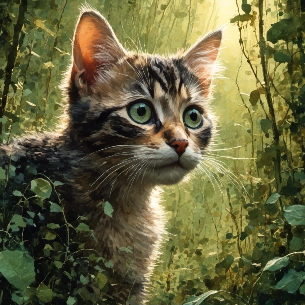 Tabby Cat Prowling at Twilight as Oil Painting