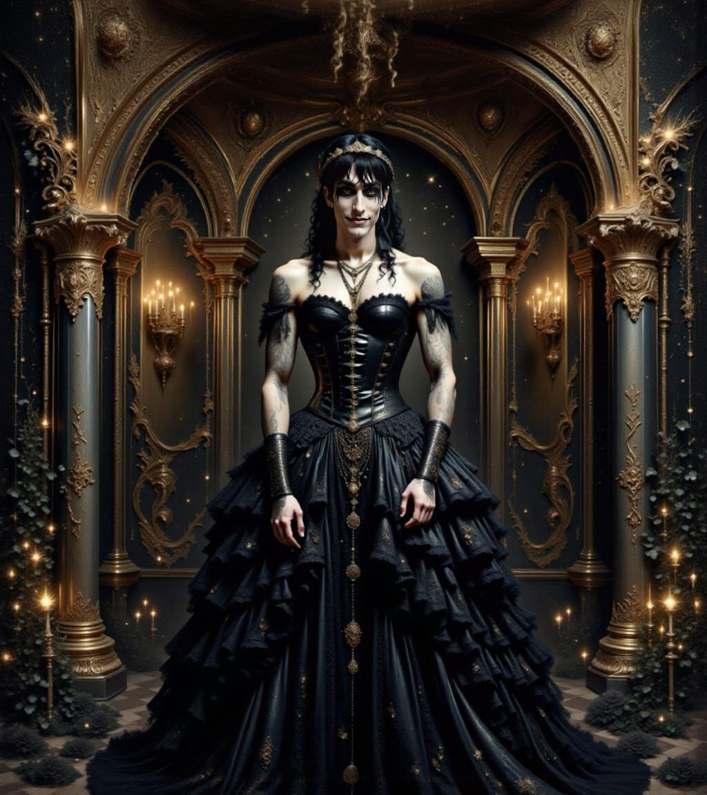 Celestial Prince in Gothic Gown with Black Roses