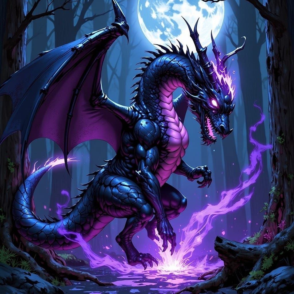 Mystical Dragon Emerges in Moonlit Forest