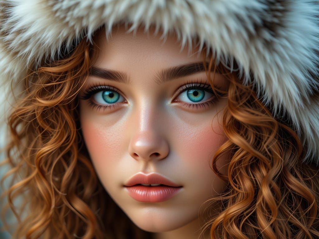 Exquisite Young Woman Wears Fox Fur Hat in Detail