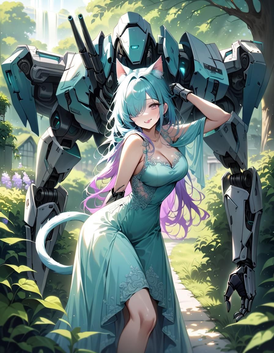 Aesthetic Catgirl in Garden with Cybernetic Arm