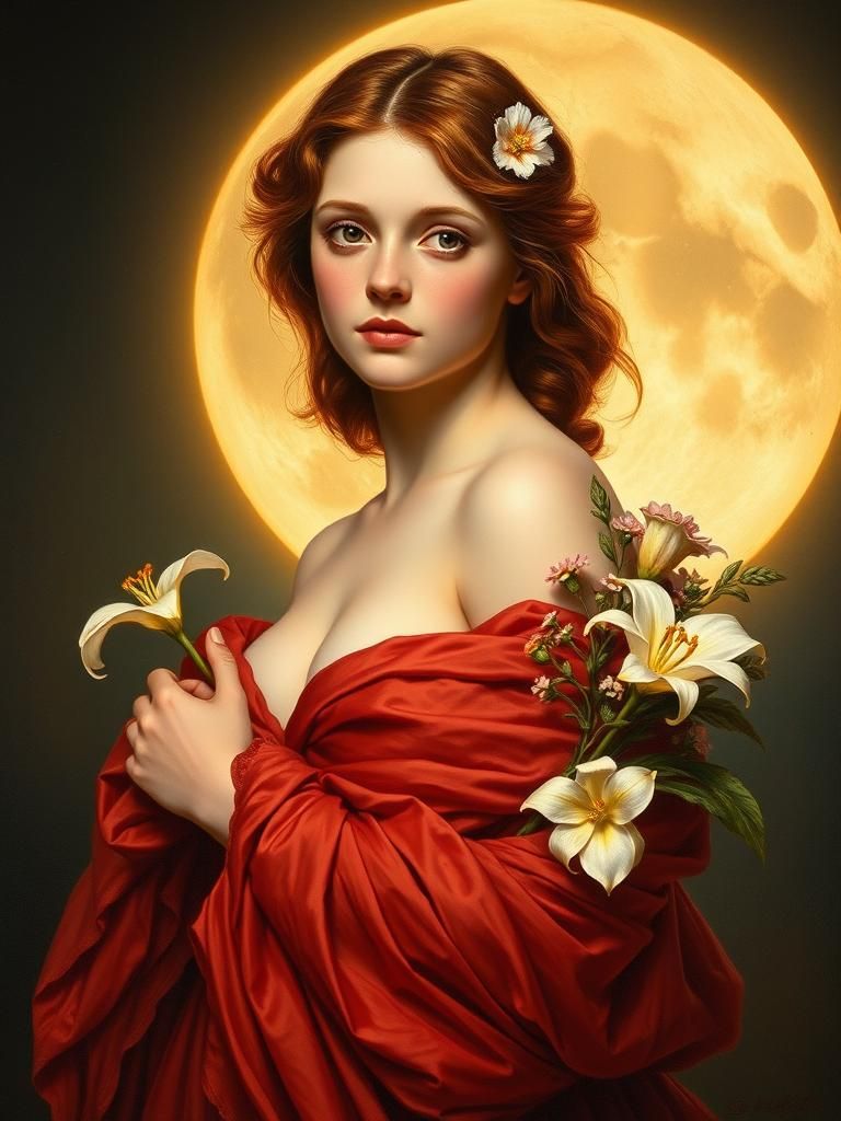 Ethereal Woman in Moonlight: A Neoclassical Painting
