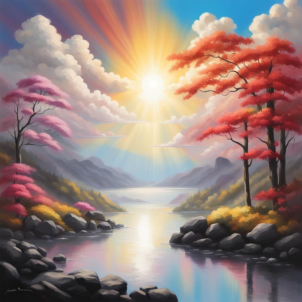 Japanese scenery painting heavenly sunshine beams divine bright soft focus holy in the clouds Jordan Grimmer monochromat...