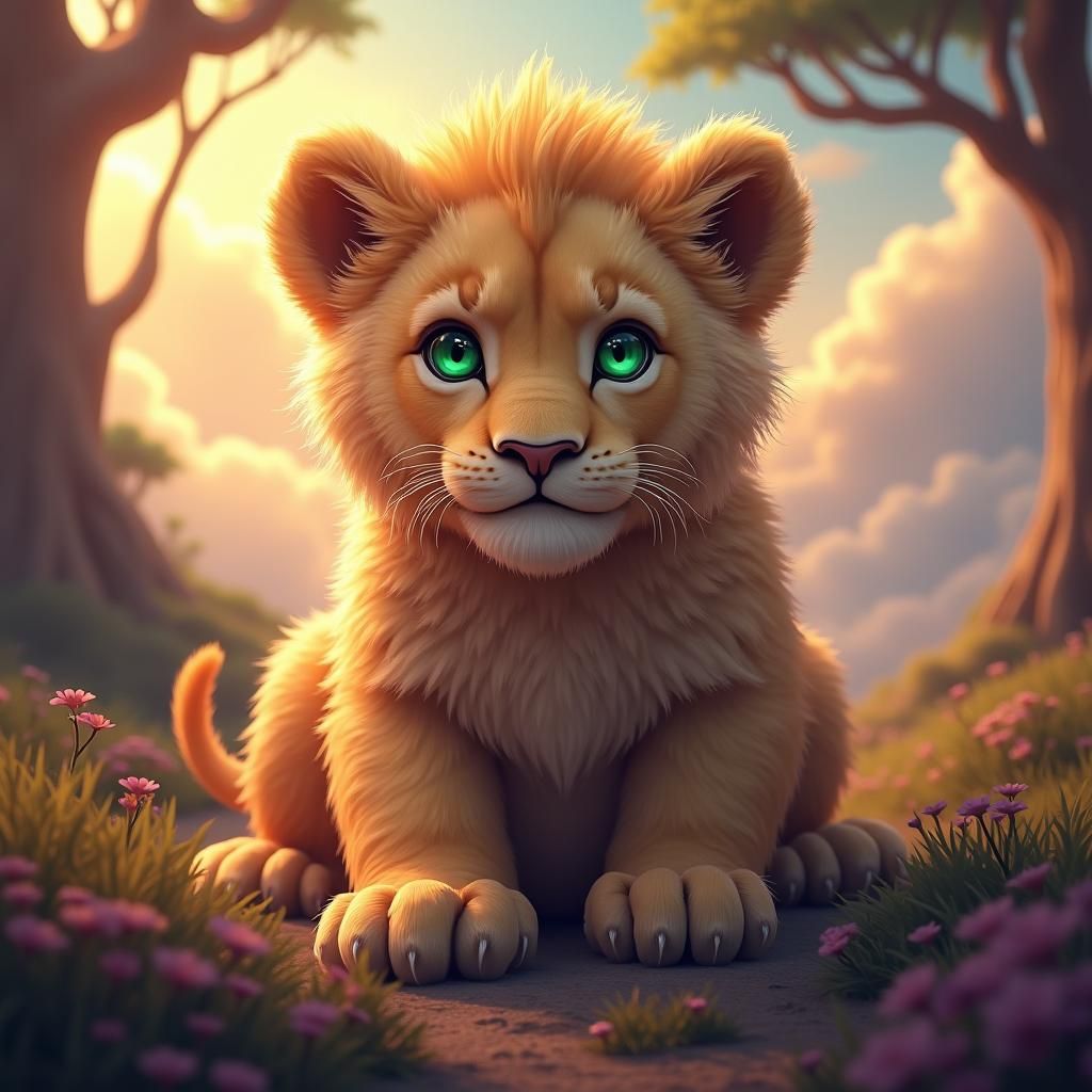 Regal Lion Cub in Dreamlike Savannah, Digital Art
