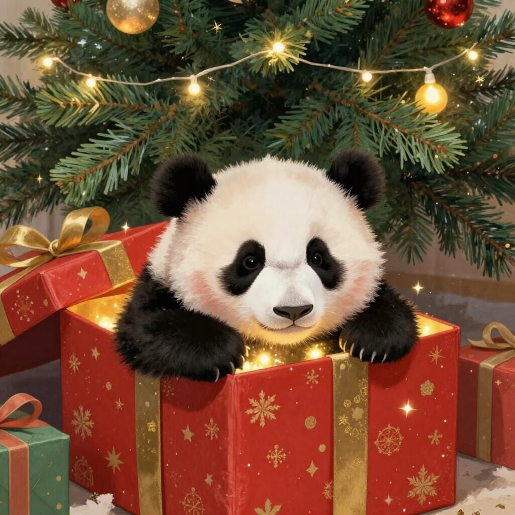 Baby Panda Peeking From Christmas Gift Box
