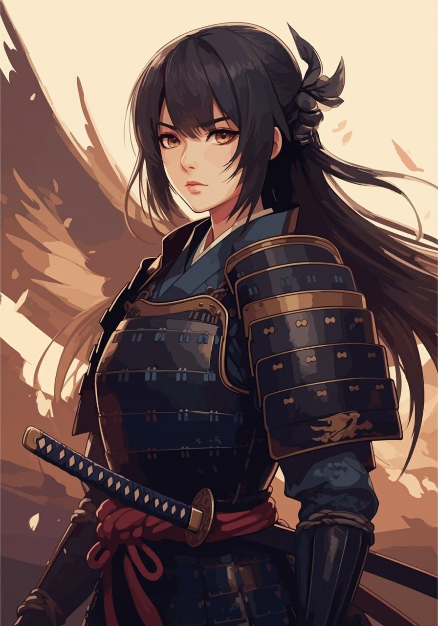 Dynamic Female Samurai Portrait in Anime Style
