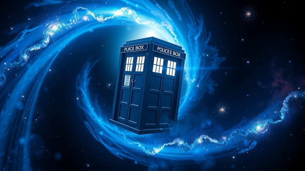 Stunning Celestial Landscape with Time-Traveling Blue Box