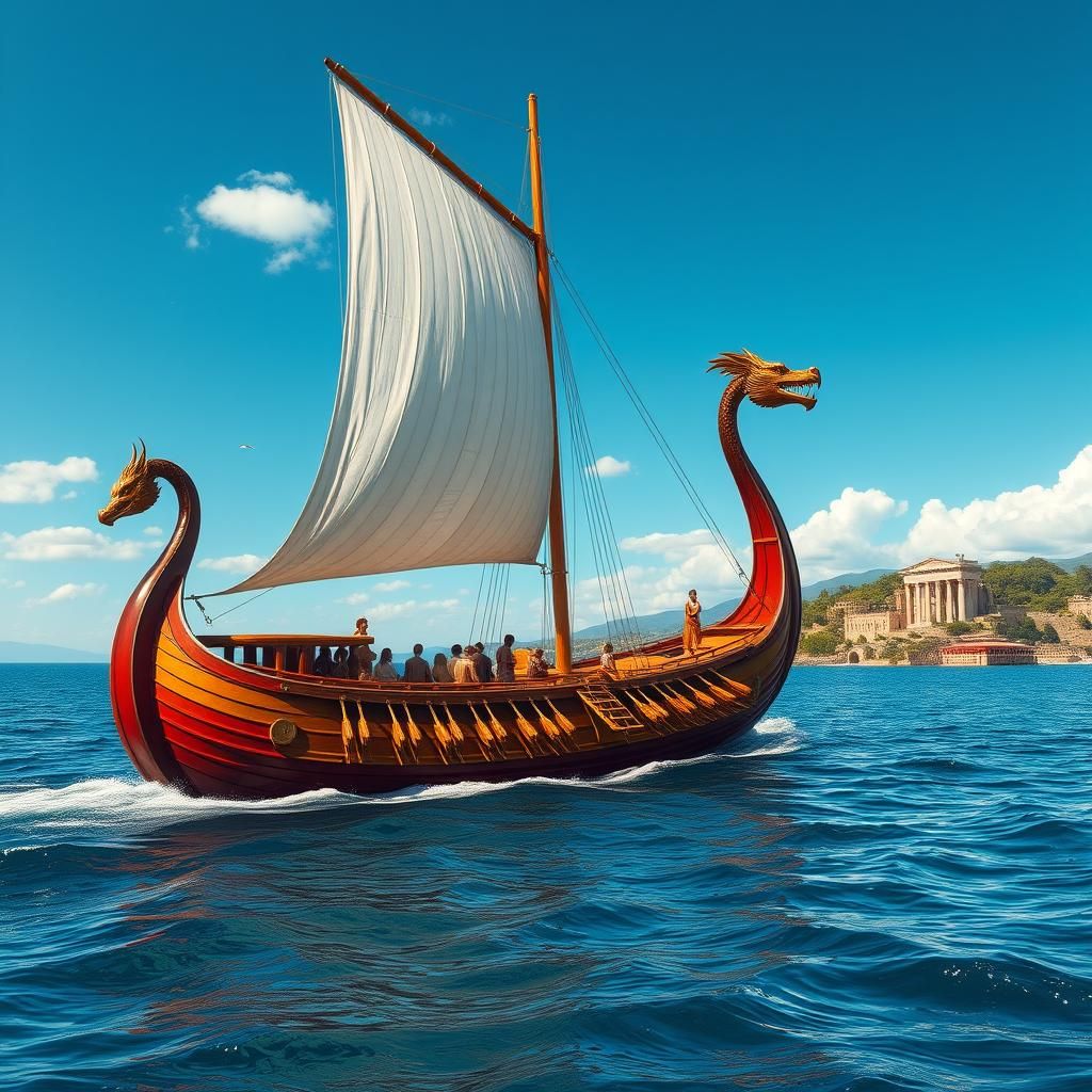 Majestic Greek Trireme Galley Ship on Azure Waters