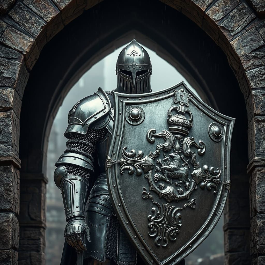 Armored Knight in Chrome Armor Stands in Castle Arch