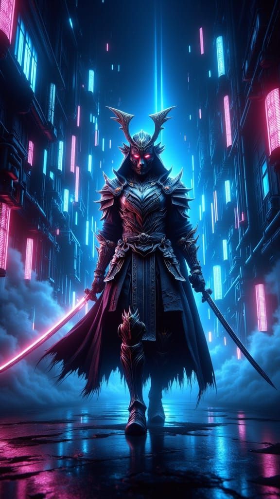 Ethereal Steampunk Samurai Warrior in Neon Splendor