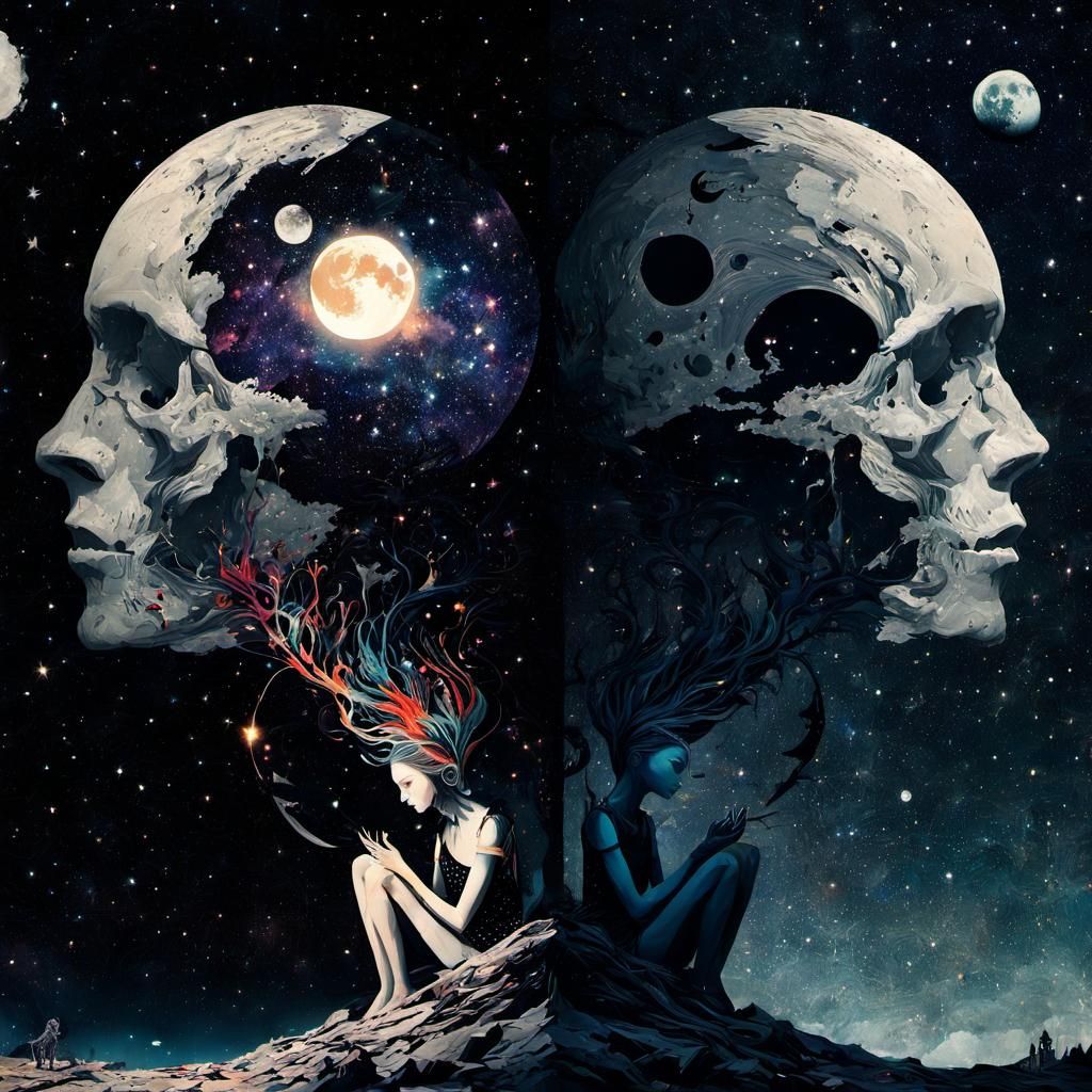 Starry Night Silhouette: A Surreal Glitch Art Collage