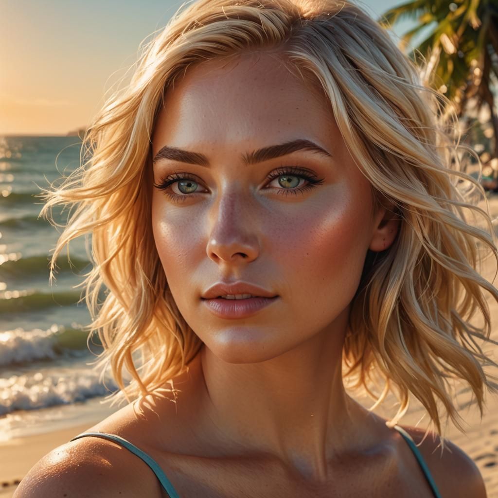 Blonde Woman Suntanning: Hyperrealistic Digital Portrait
