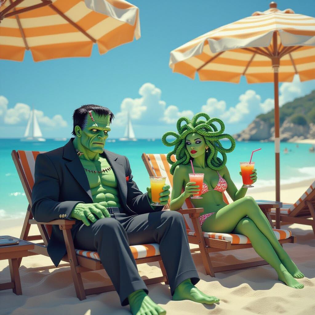 Frankenstein's Monster & Medusa Vacationing on Mediterranean...