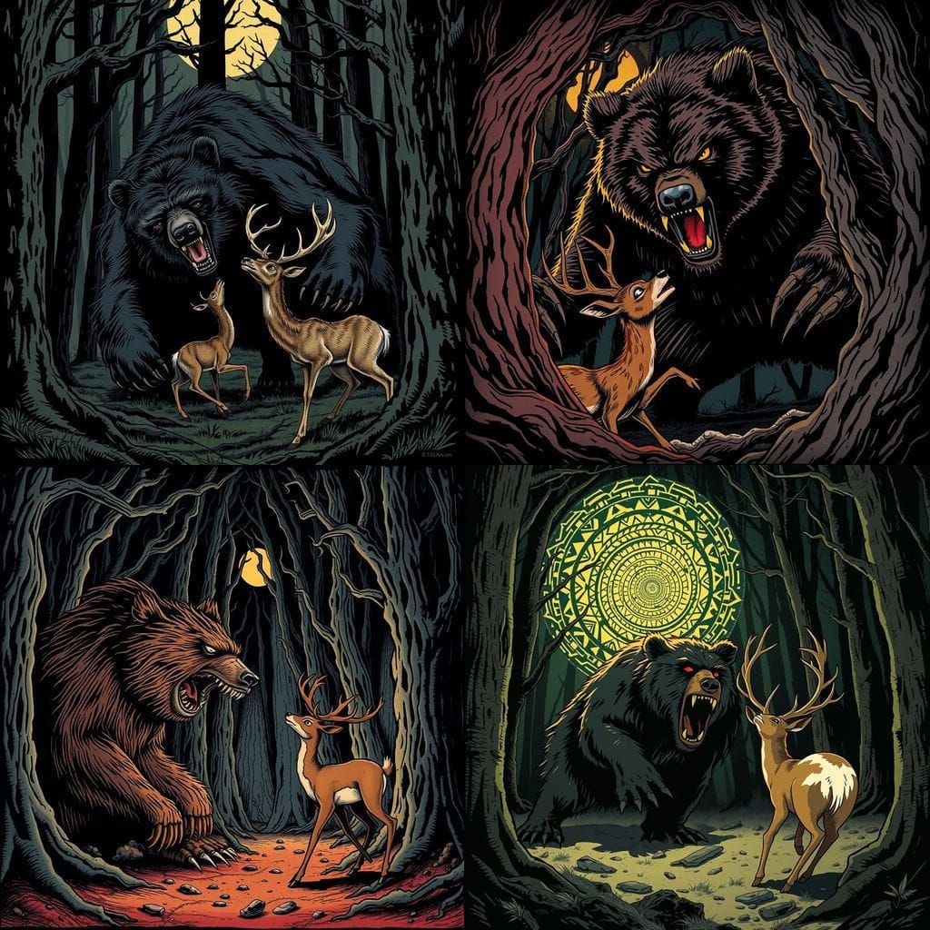 Bear Attacking Deer in Retro Comix Style