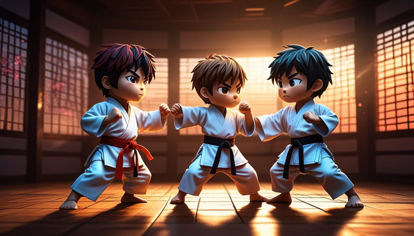 chibi karate kids battling atop a wuxia dojo