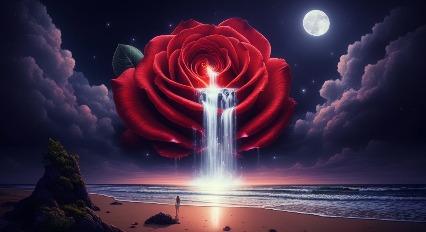 Giant Rose Waterfall on Moonlit Beach
