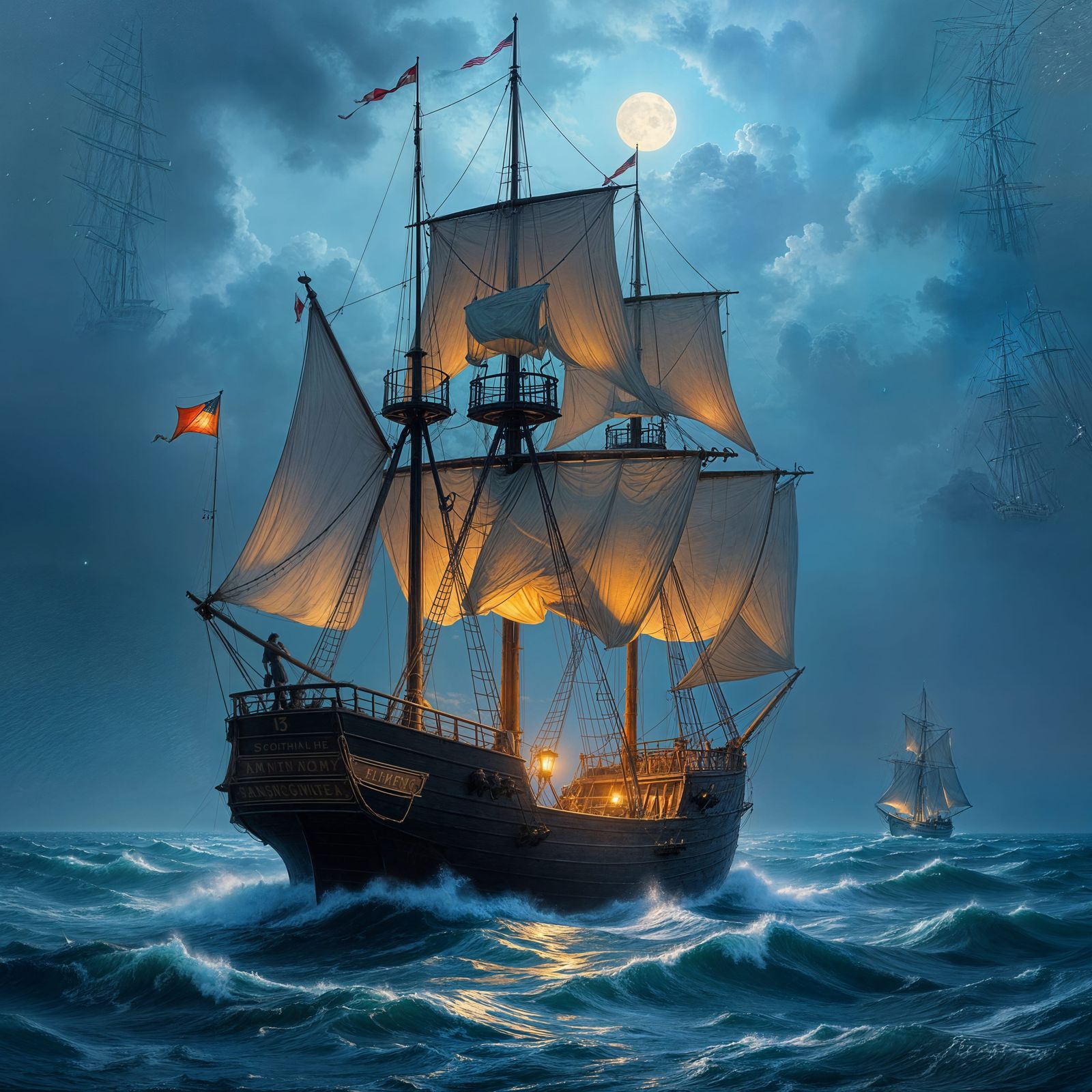 Majestic Ship Navigates Stormy Seas with Ethereal Lanterns