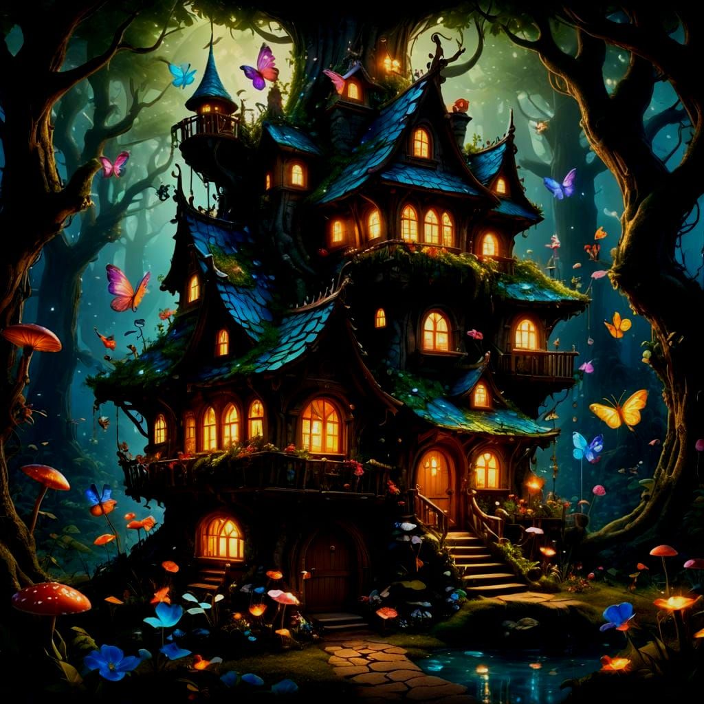 Fairies Playing Around a Magical House