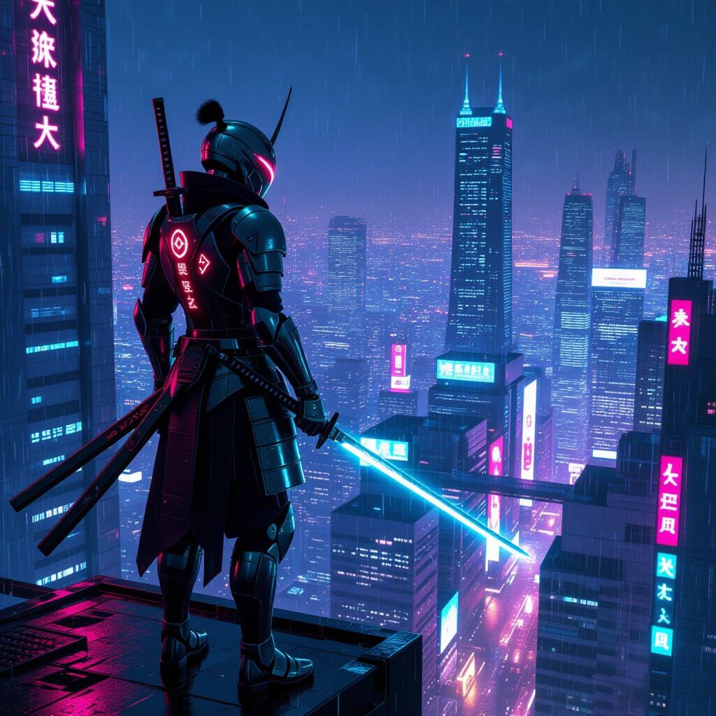 Futuristic Samurai Warrior in Cyberpunk Cityscape