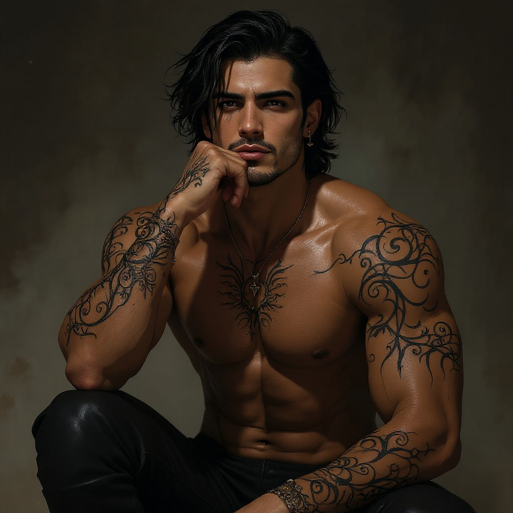 Handsome Man with Intense Gaze and Leather Pants