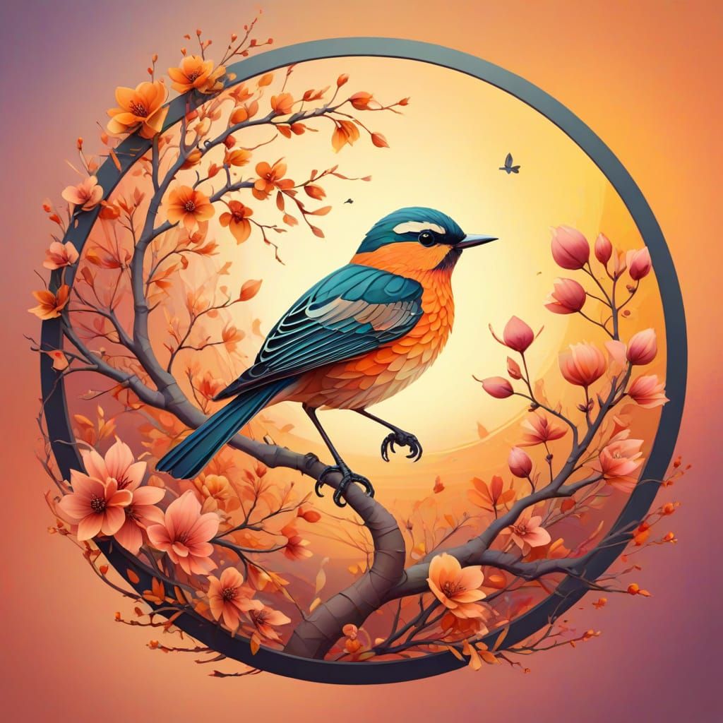 Bird and Blossoms in Spring Sunset Double Exposure