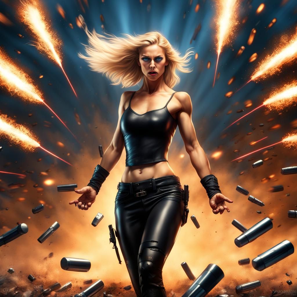 Blonde Superheroine Survives Bullet Hail