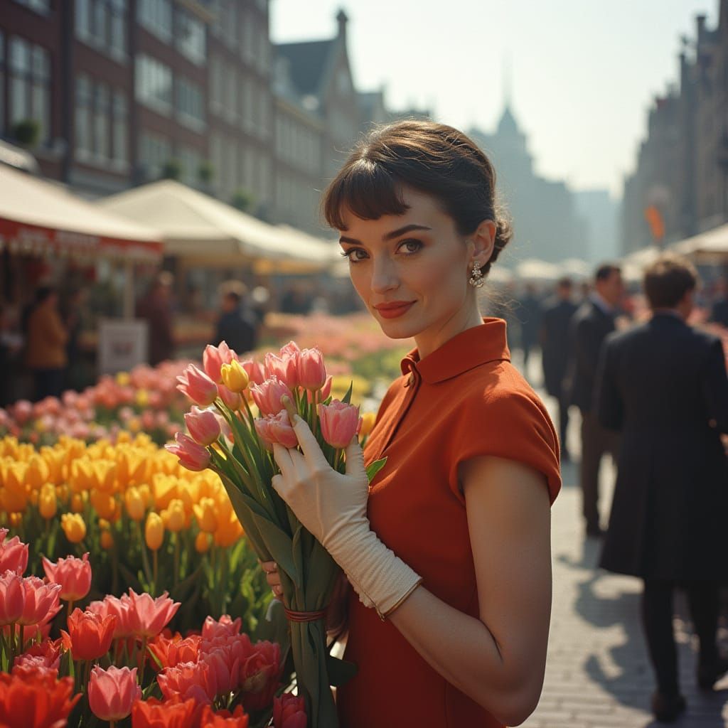 Audrey Hepburn in Amsterdam Flower Market, Vintage Style