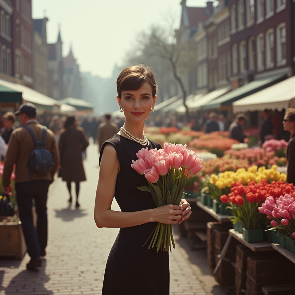 Audrey Hepburn in Amsterdam Flower Market, Vintage Style