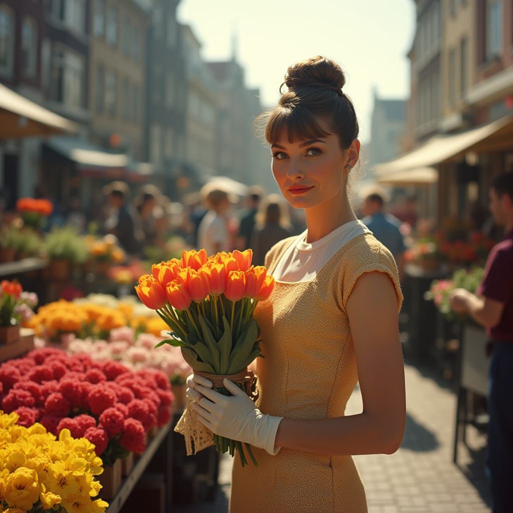 Audrey Hepburn at Amsterdam Flower Market, Vintage Photograp...