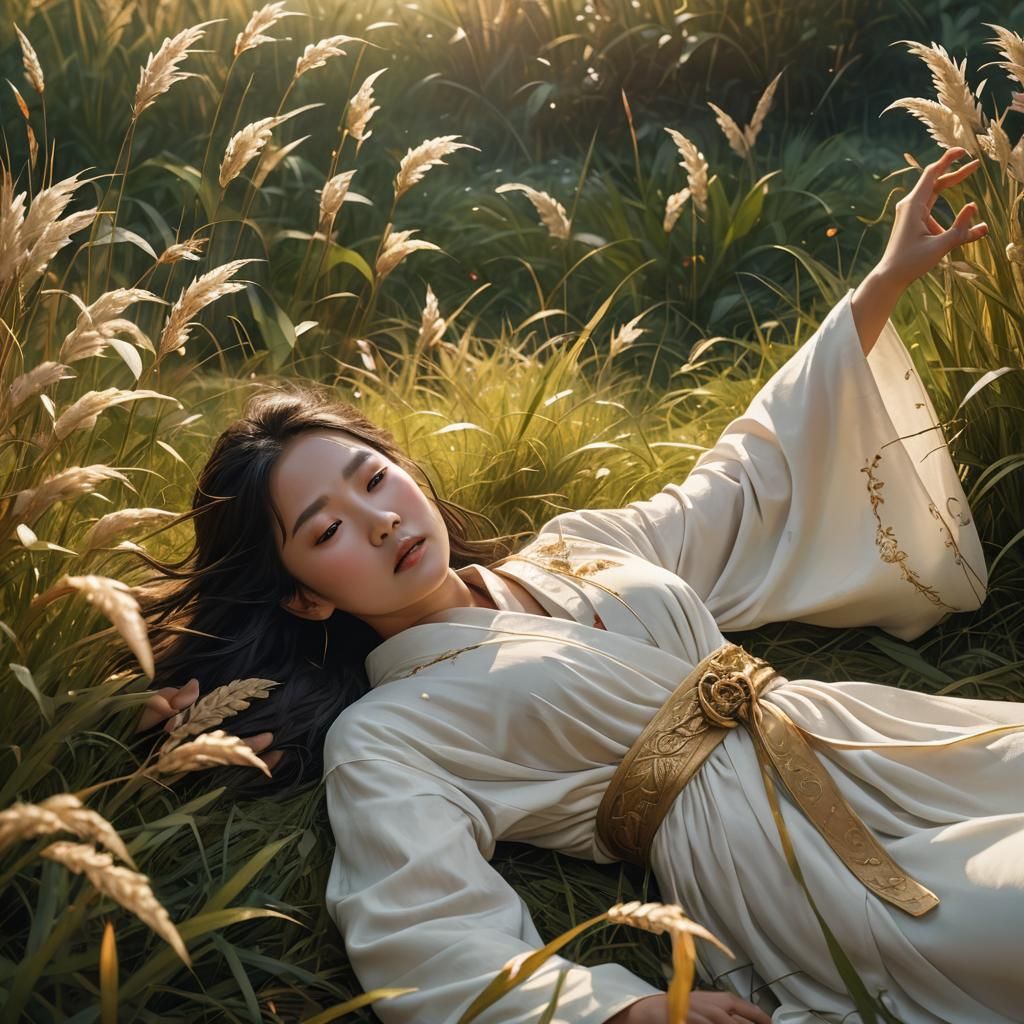 Asian Woman in White Robe: Golden Light Fantasy