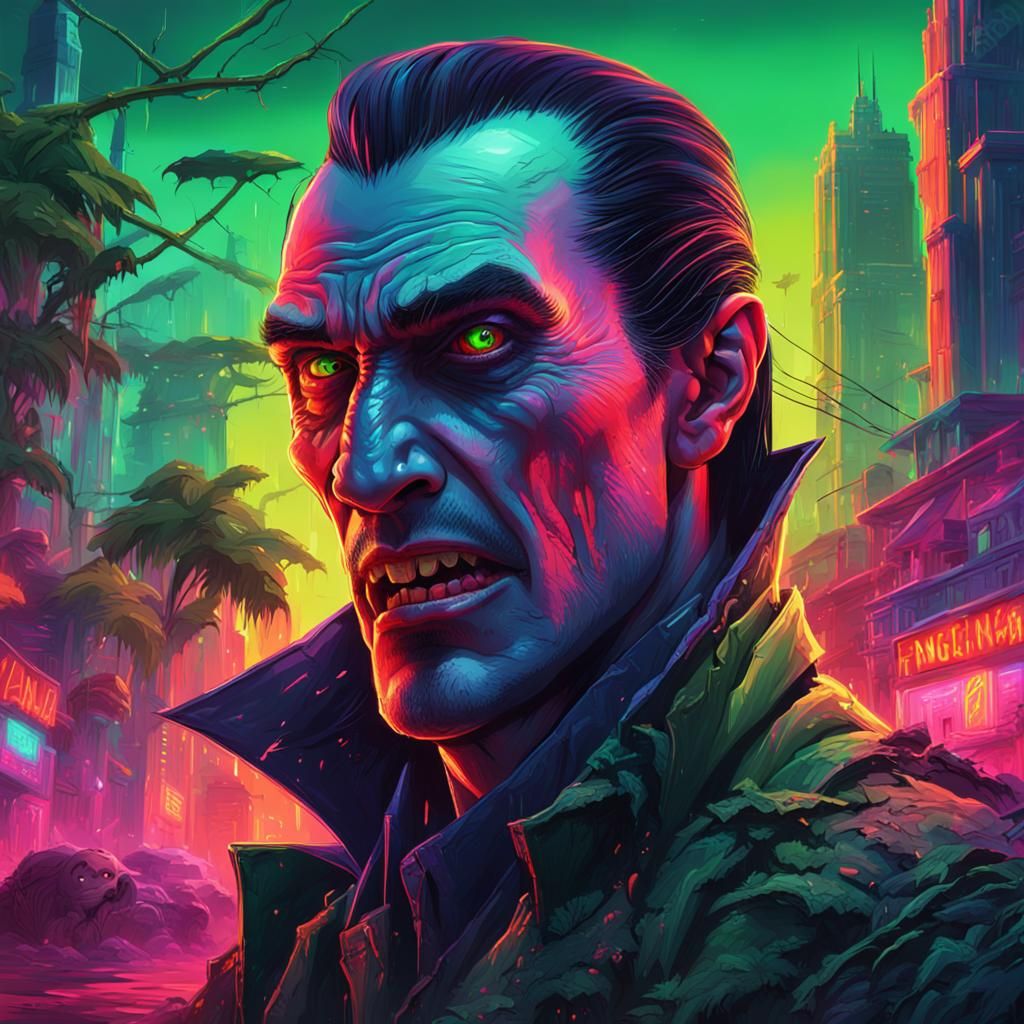 Dracula in Neon Jungle: Hyperrealistic Post-Apocalyptic Art