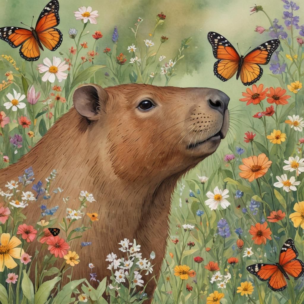 Capybara and Butterfly in Watercolor Flower Garden